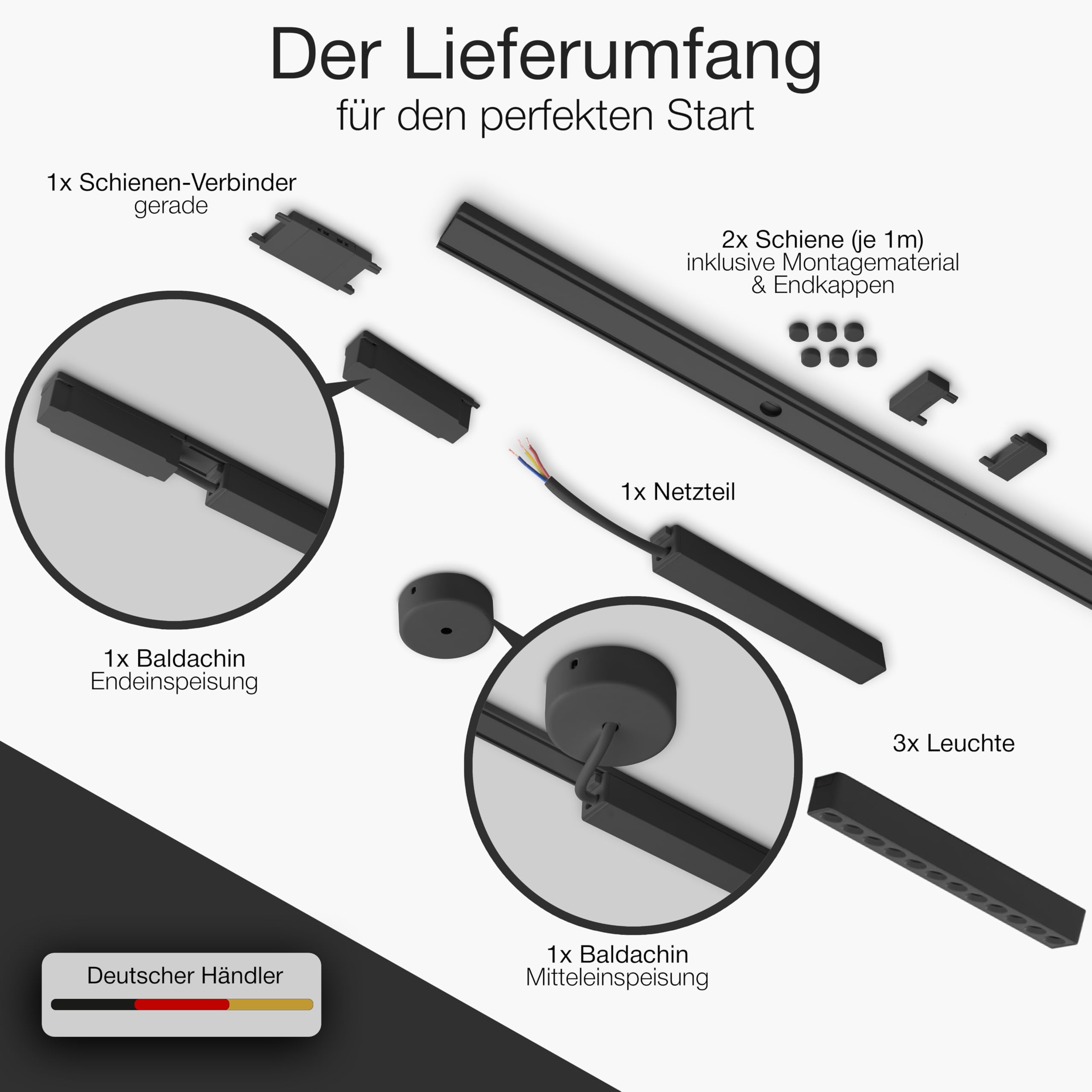LED Schienensystem Decke – Komplettset mit 3 Leuchten – Zigbee dimmbar – Deckenlampe für Wohnzimmer, Küche, Esszimmer – moderne Deckenleuchte – Lichtschienensystem Schwarz