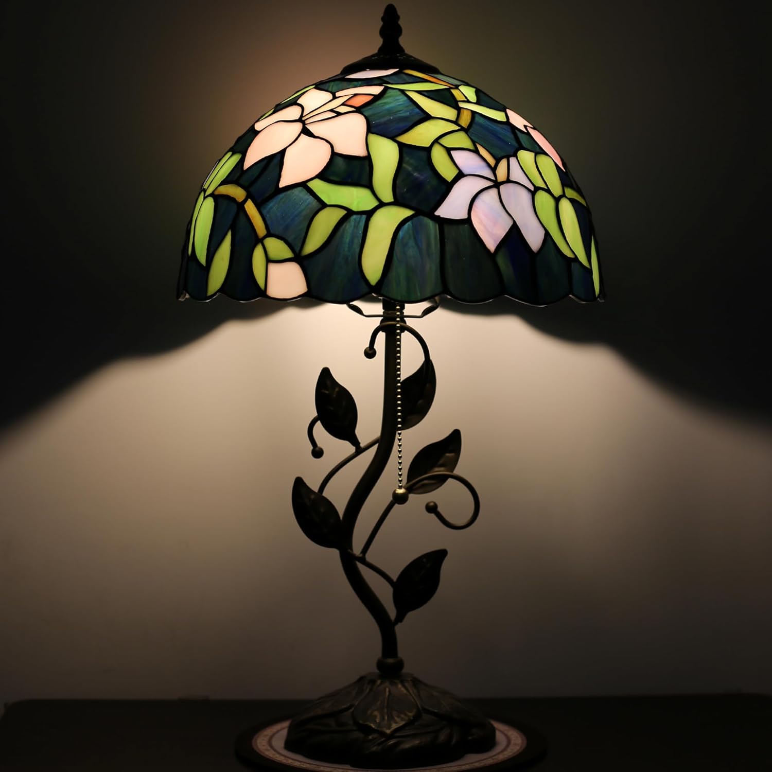 Tiffany Lamp Stained Glass Style Table Lamp Pink Green Floral Style Bedside Desk Reading Light W12H19 Inch Metal Leaf Base with Metal Leaf Base