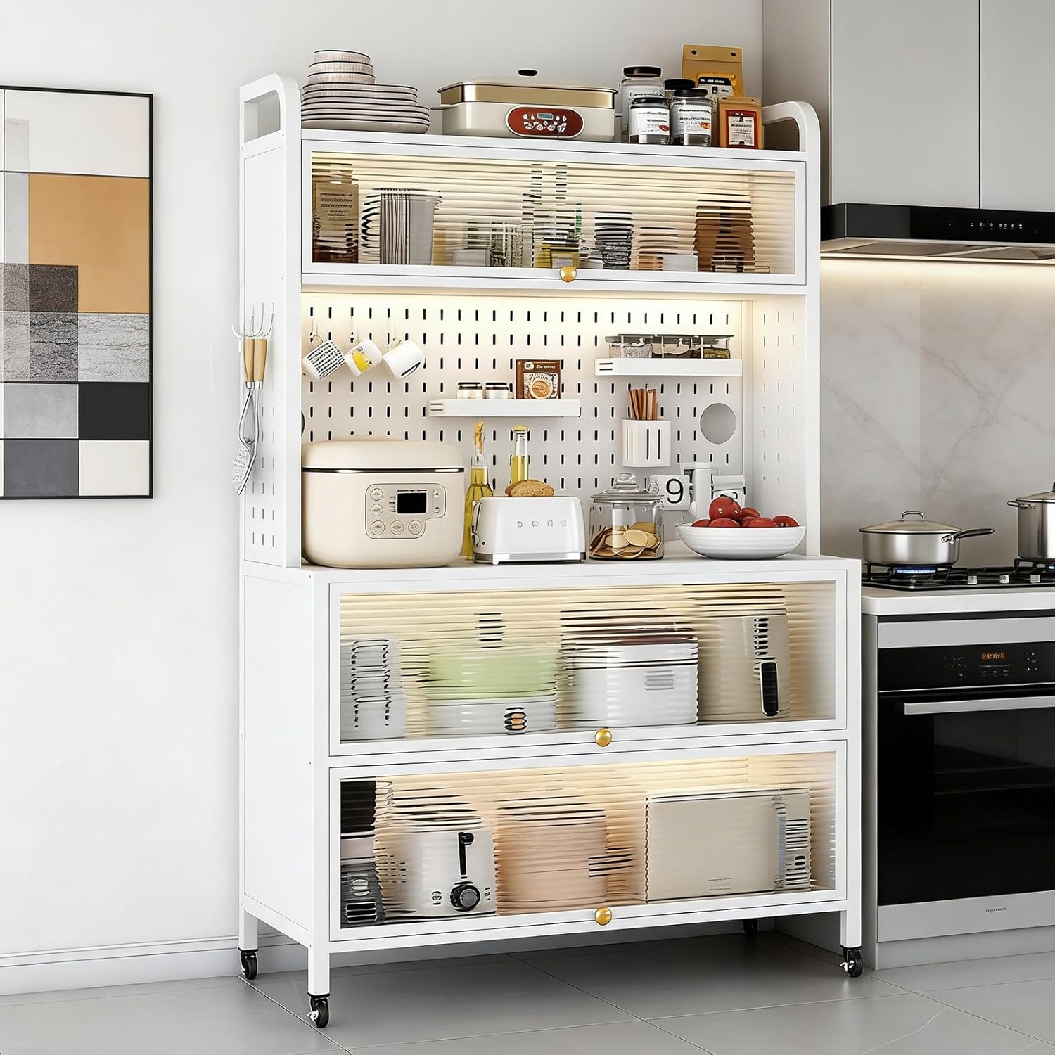 Kitchens Storage Cabinets, 5-Tier Bakers Racks for Kitchens with Adjustable Shelves and 6 S-Shaped Hooks, Microwave Stand Tall Countertop Storage Sideboard for Pantry, Spices, Pots and Pans