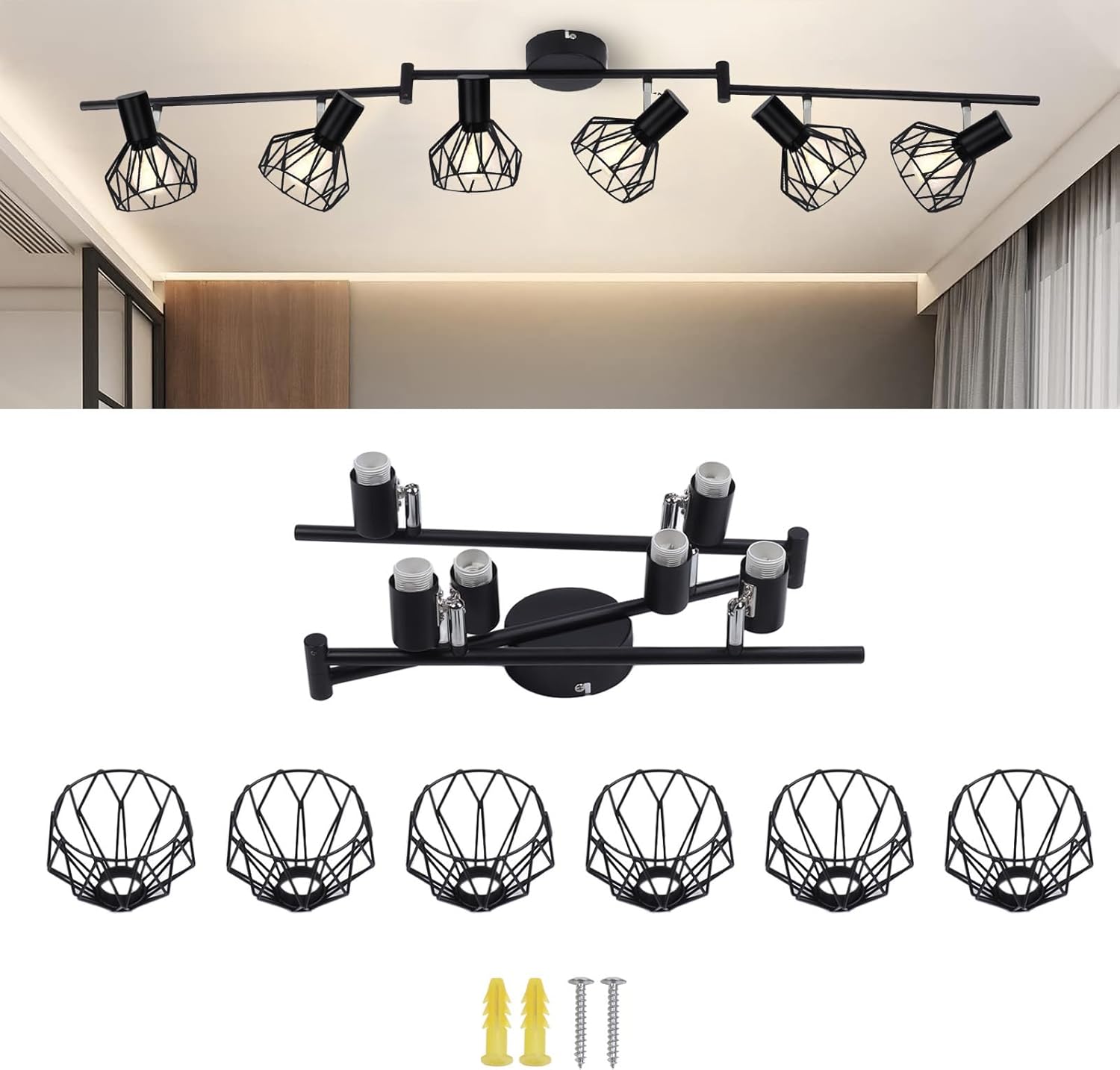Track Lighting Holder, Iron Art E14 6 Rotating Lamp Base Holder Ceiling Mount Black for Bedrooms