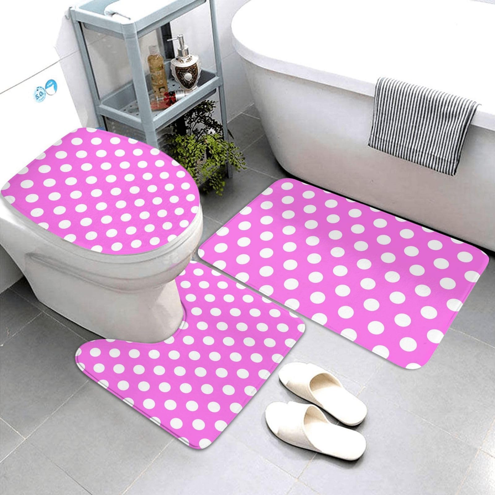 Tapis de salle de bain rose doux avec housse abattant WC et tapis douche U