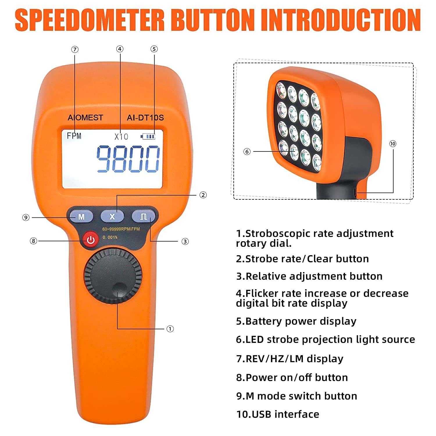 Estroboscopio RPM Digital LED - AIOMEST Medidor RPM/Hz 60~99999 - Tacómetro Sin Contacto con Luz Estroboscópica Ajustable para Probador Velocidad del Motor del HVAC - Alta Precisión 0,001%