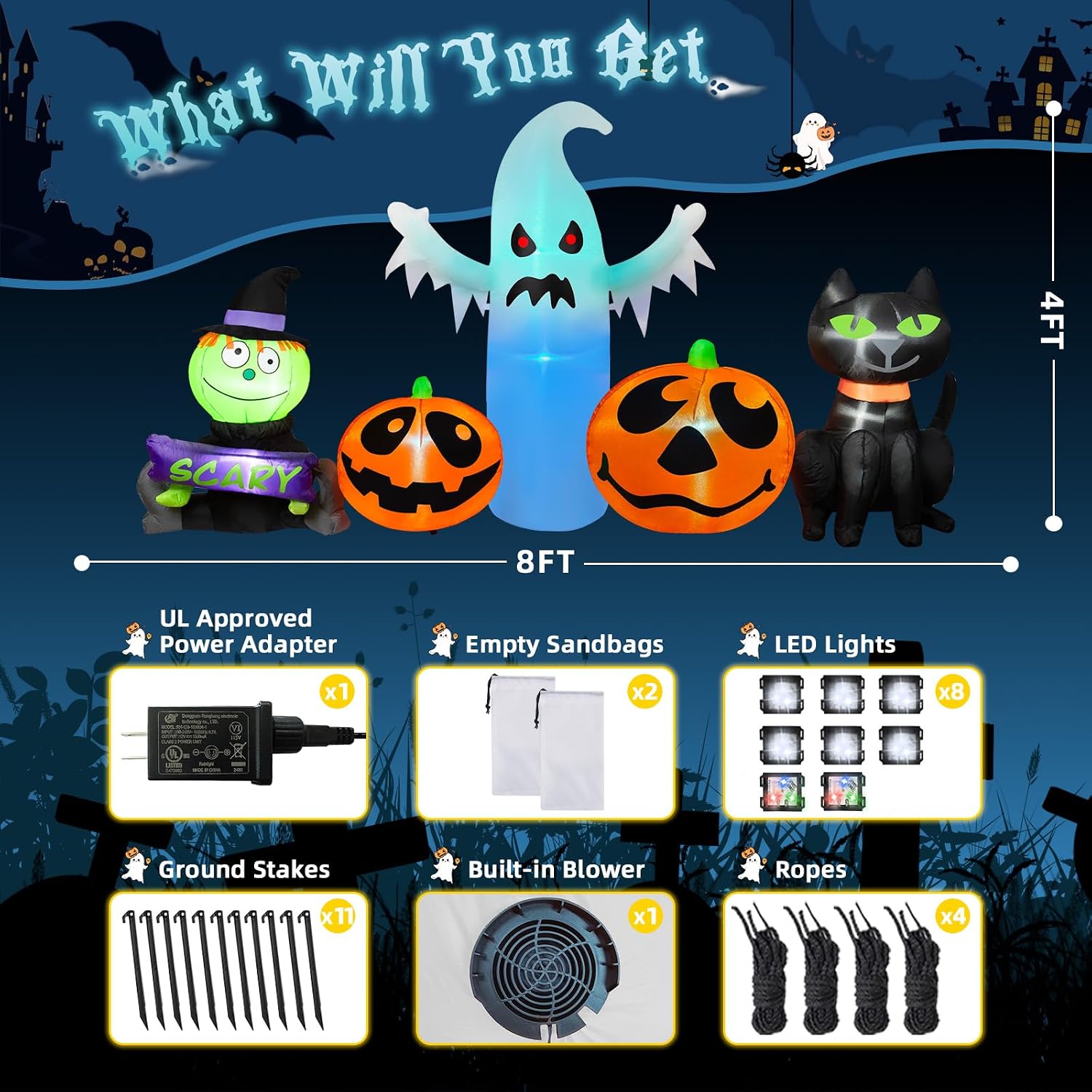 8FT Long Halloween Inflatable Outdoor Decorations Pumpkin Ghost and Black Cat Inflatable Yard Decoration with Build in LEDs Blow Up Ghost for Indoor Outdoor Party Lawn Yard Garden Decor
