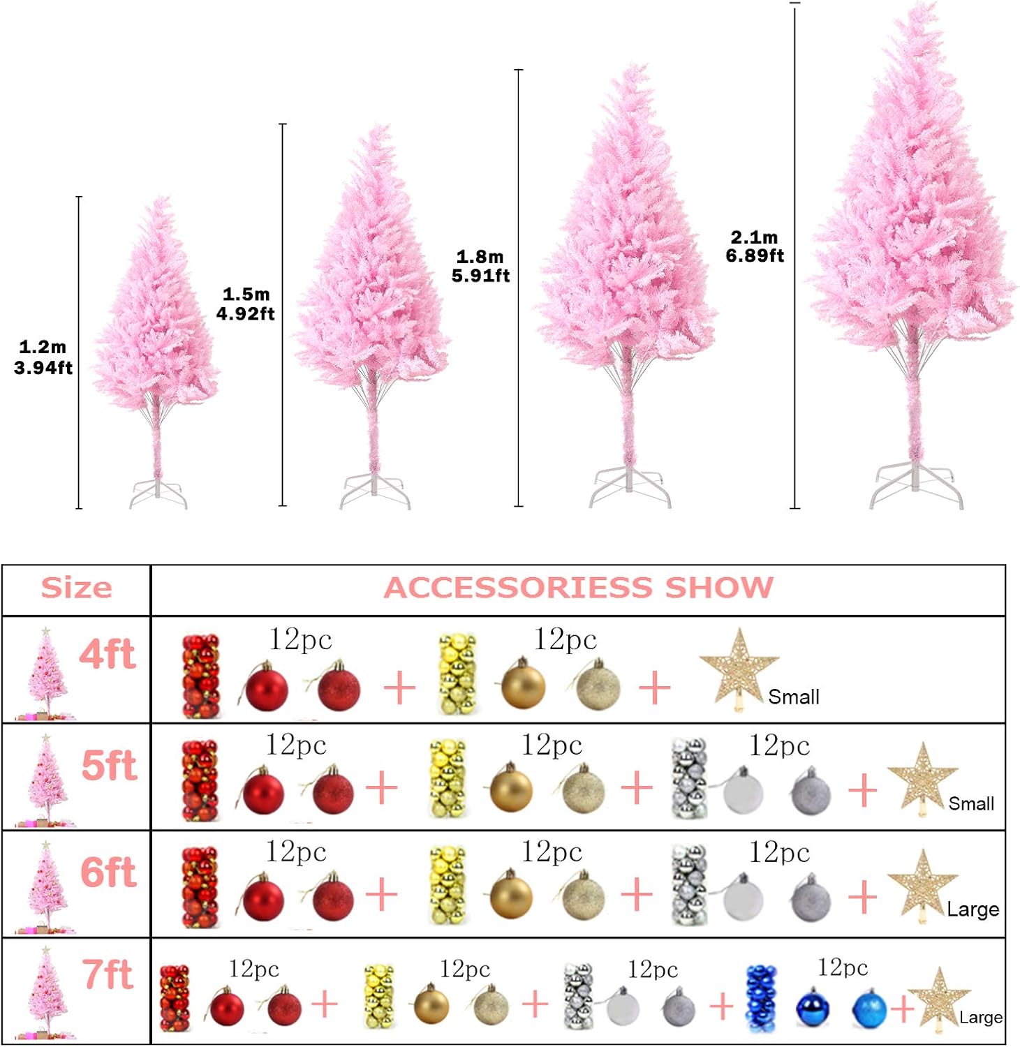4ft/5ft/6ft/7ft Premium PVC Artificial Christmas Tree, with Christmas Tree Ornaments and Star Topper, for Xmas Holiday Home Indoor Outdoor Decoration, Foldable Metal Stand (Pink-1, 4ft)