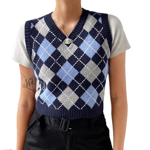 Hyipels Women's Sweater Vest,Y2K Sleeveless Pattern Preppy Style Knitted Crop Tank Top for Girl