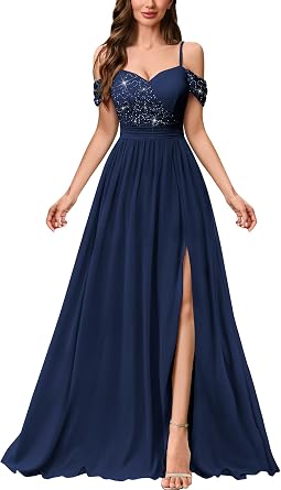 Miusol Women's Off Shoulder Elegant Sequined Split Spaghetti Straps Wedding Maxi Dress