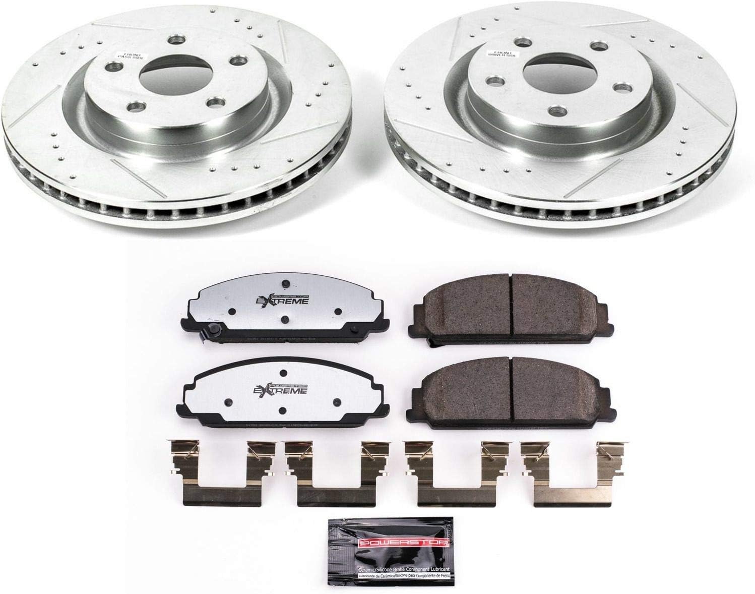 PowerStop Front Brake Kit For Pontiac G8 2008-09 - Carbon Fiber Ceramic Brake Pads + Drilled & Slotted Rotors Upgrade, K5529-26