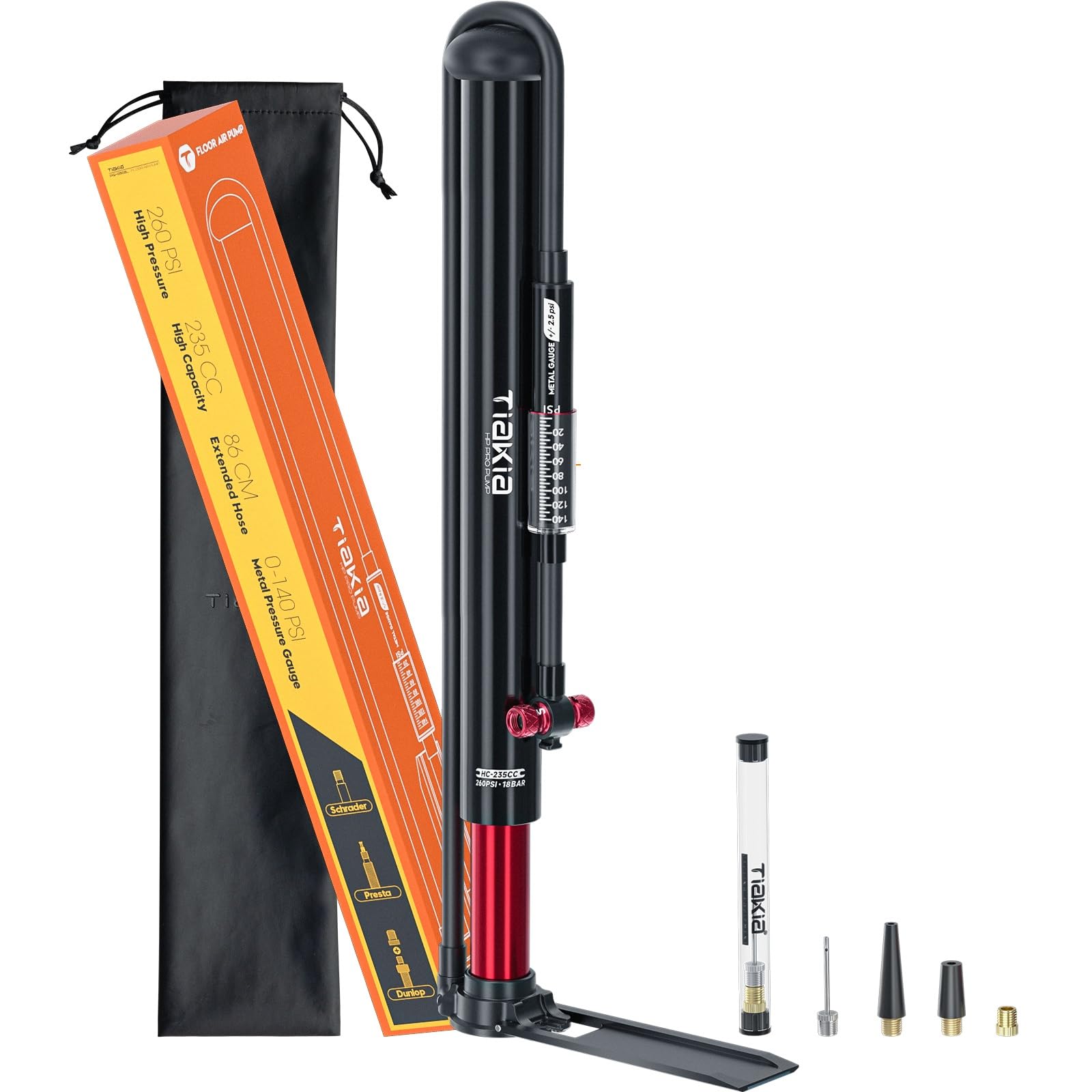 Tiakia Fahrrad Standpumpe mit Manometer Hochdruck Kompakte Fahrradpumpe Aluminium Reifenpumpe Tragbare Bike Luftpumpe Schrader Presta Ventil für Straße Mountainbike (Standpumpe 260PSI/18BAR)