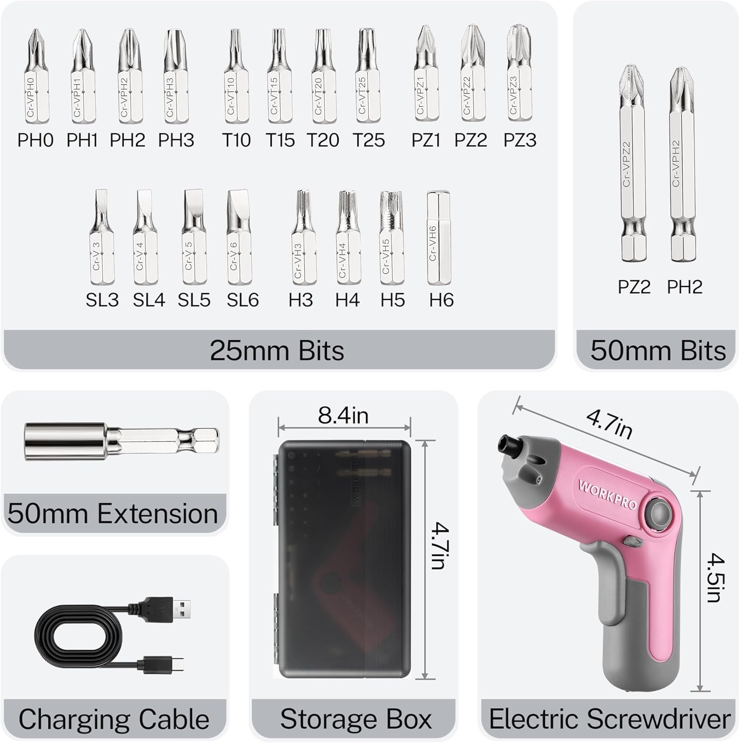 WORKPRO Electric Cordless Screwdriver with Offset Driving Shaft, 3.6V Automatic Rechargeable Screw Driver with 22PCS Bits, Battery Powered Automatic Screw Gun with LED Light & Carry Case - Pink Ribbon