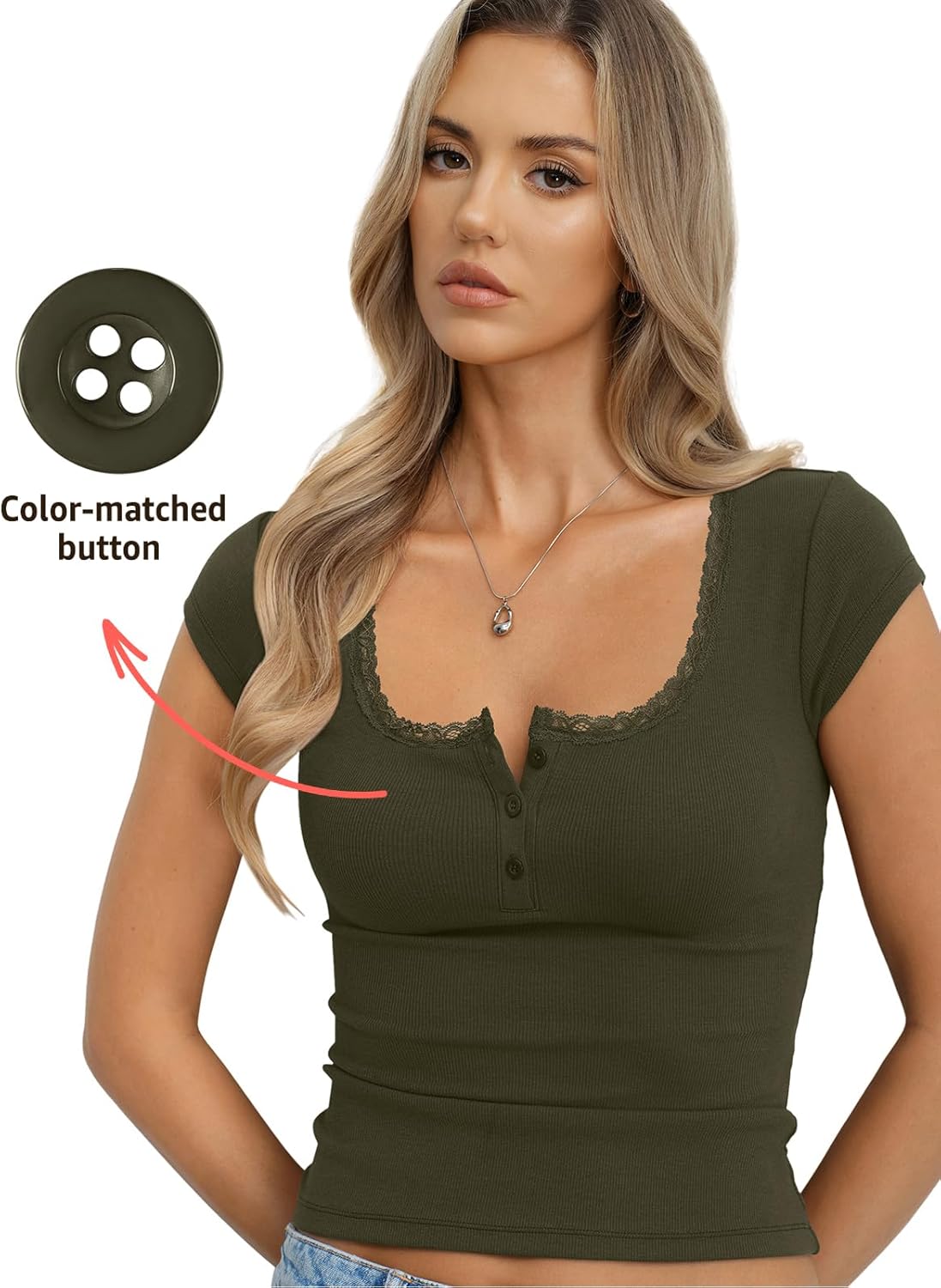 Womens Cotton Ribbed Cap Sleeve Tops Lace Henley Button Down Shirts Cute Crop Tshirts Fitted Going Out Clothes - Image 3