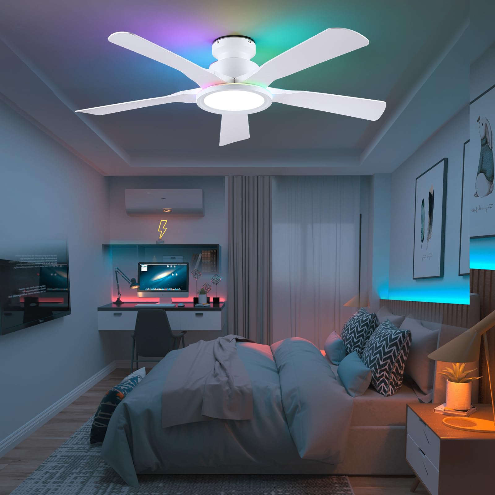 Kviflon RGB Deckenventilator mit Fernbedienung, Leise DC Motor, Umkehrbar, Dimmbar LED, 132cm Deckenventilatoren für Schlafzimmer Wohnzimmer, Weiß
