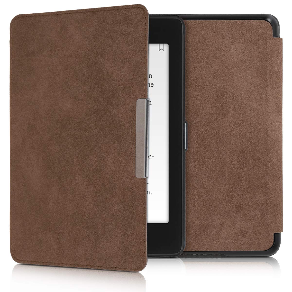 kwmobile Case Compatible with Amazon Kindle Paperwhite (10. Gen - 2018) - Book Style Faux Suede e-Reader Cover Flip Case - Brown