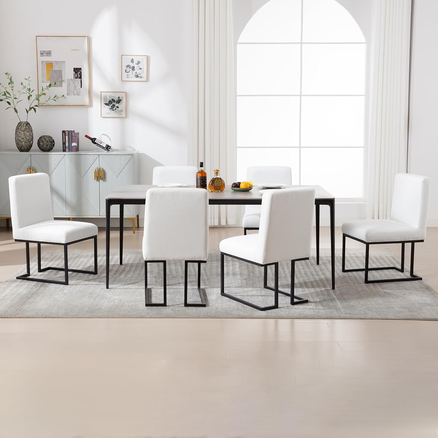 Linen Fabric Mid Century Modern Dining Chair Set of 2, Upholstered Padded Dining Chairs Armless Accent Chair with Black Metal Frame for Dining Room/Living Room/Kitchen/Office, White