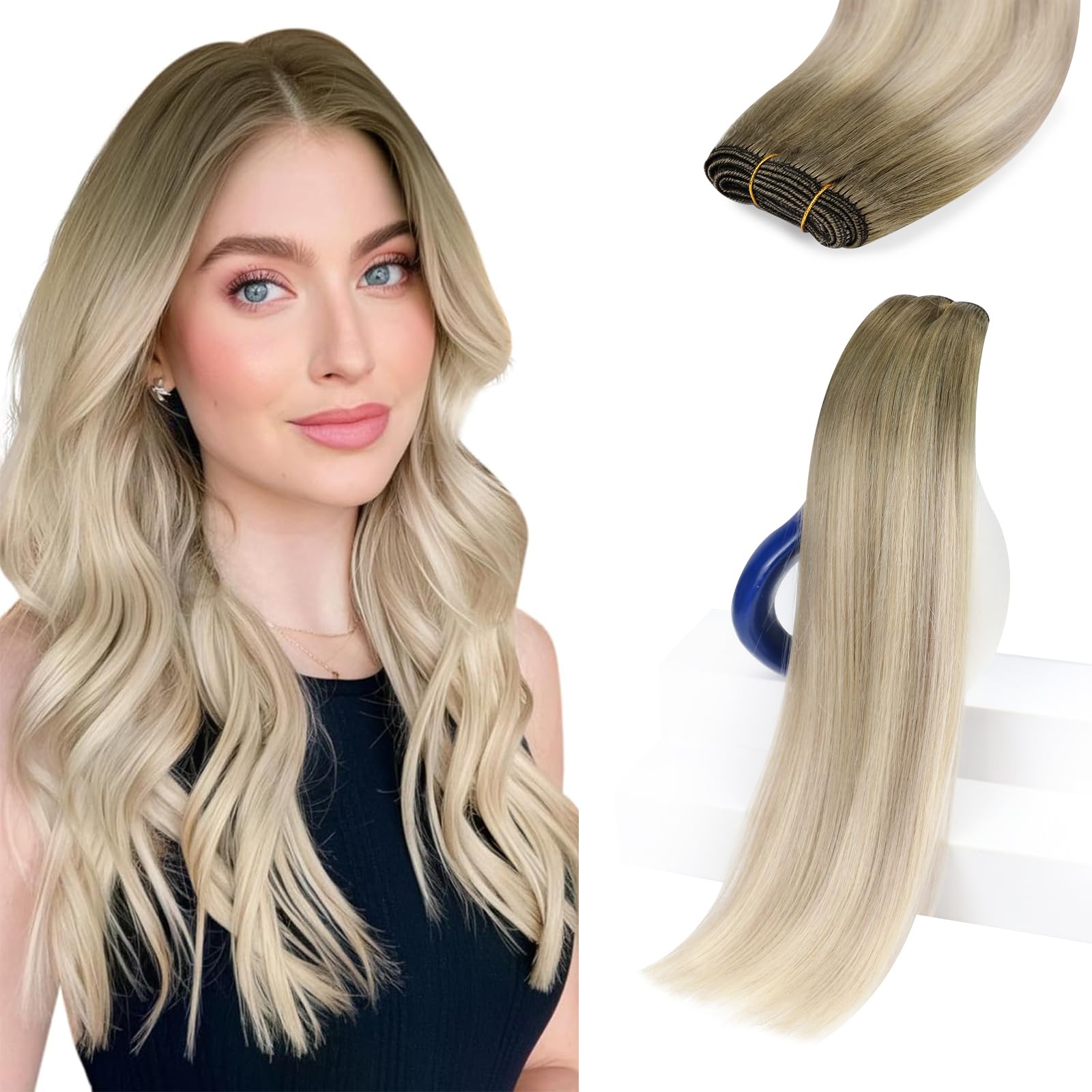 Sunny Hair Human Hair Extensions Sew in Ombre Weft Hair Extensions Human Hair Light Ash Blonde Mix Platinum Blonde Sew in Weft Hair Extensions