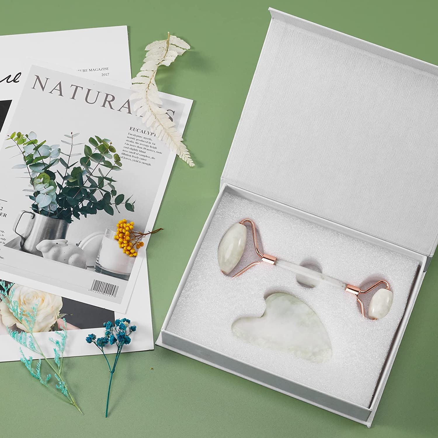 Gua Sha & Jade Roller Set, masajeador facial herramienta de cuidado de la piel para cara, cuello, ojos, reduce la hinchazón de la piel (jade mantequilla)