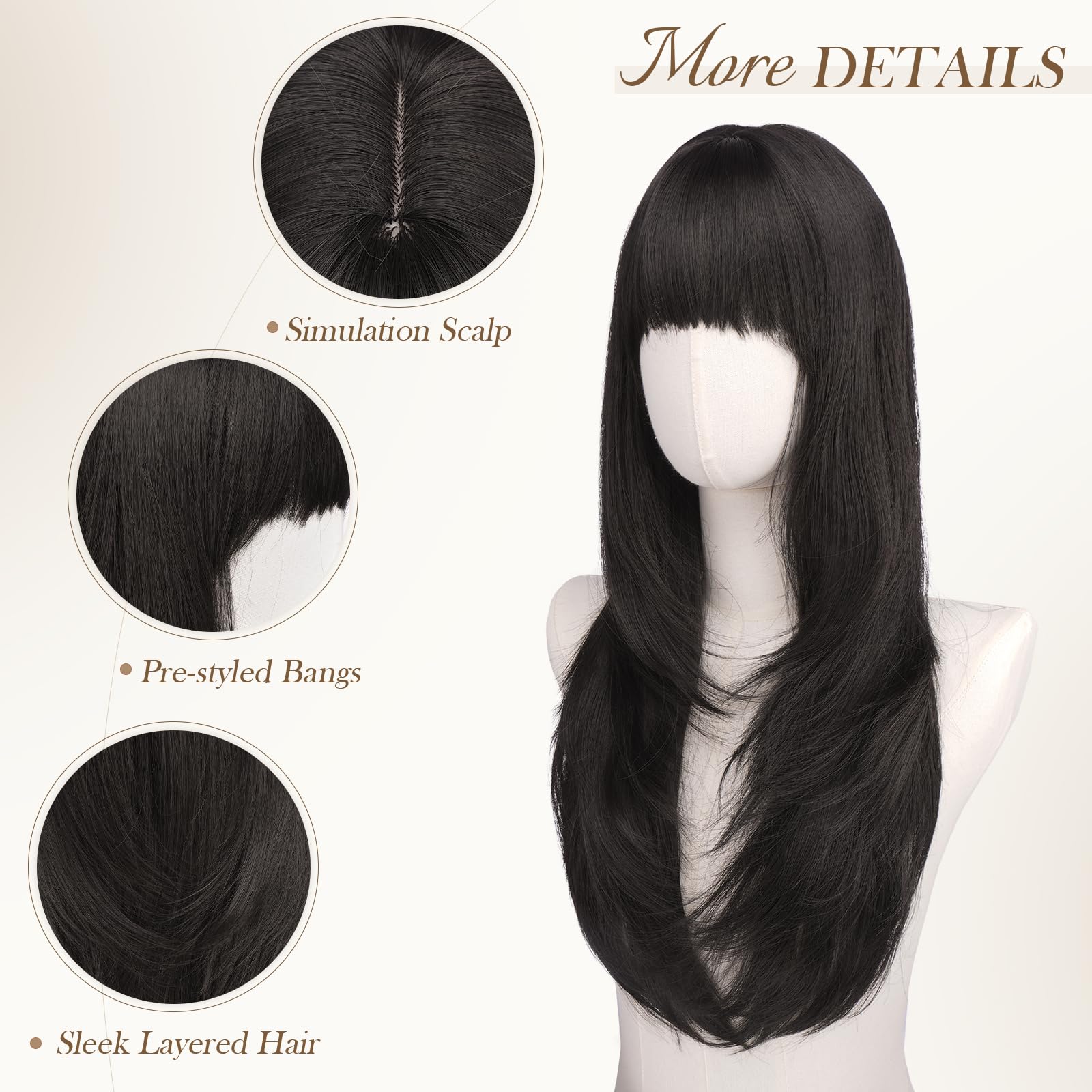 FESHFEN Perruque Layered avec Frange - Perruques Lisse et Droite pour Femmes Noir Brun Cheveux Naturels Synthétiques Wig pour Fêtes Quotidienne, 60 cm