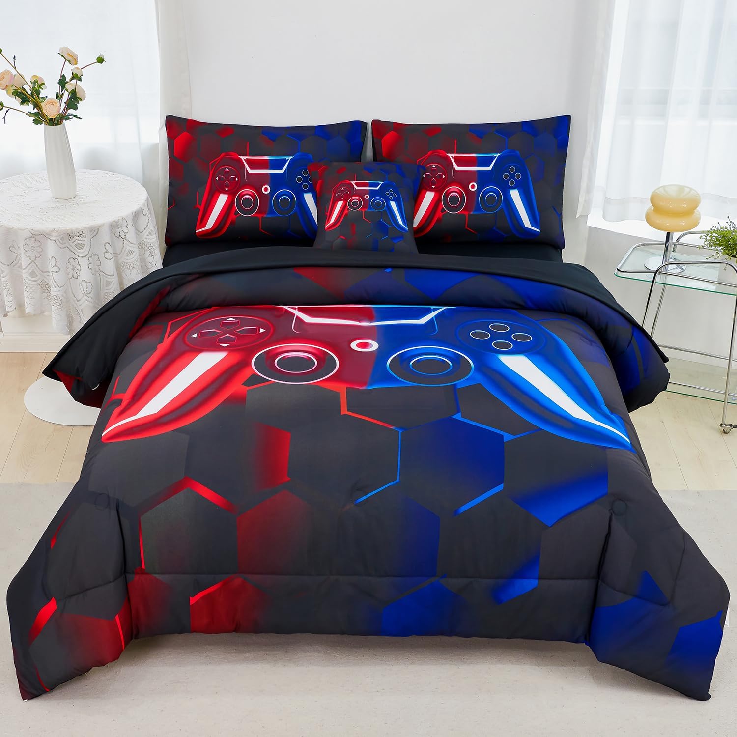 URBONUR 3D Gamer Gamepad Comforter Sets for Boys Girls Kids 6Pcs Gaming Bedding Set Lightweight Microfiber Down Comforters Children Quilted Blanket (Red Blue, Queen)