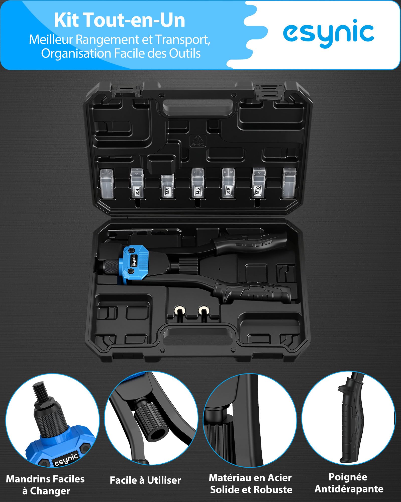 eSynic 13" Pince à Insert Fileté avec 7 Mandrins M3 M4 M5 M6 M8 M10 M12 avec 110 Écrous Pince à Riveter Riveteuse Poignée Antidérapante Remplacement Aisé Pince à Rivet Insert avec Tui de Transport