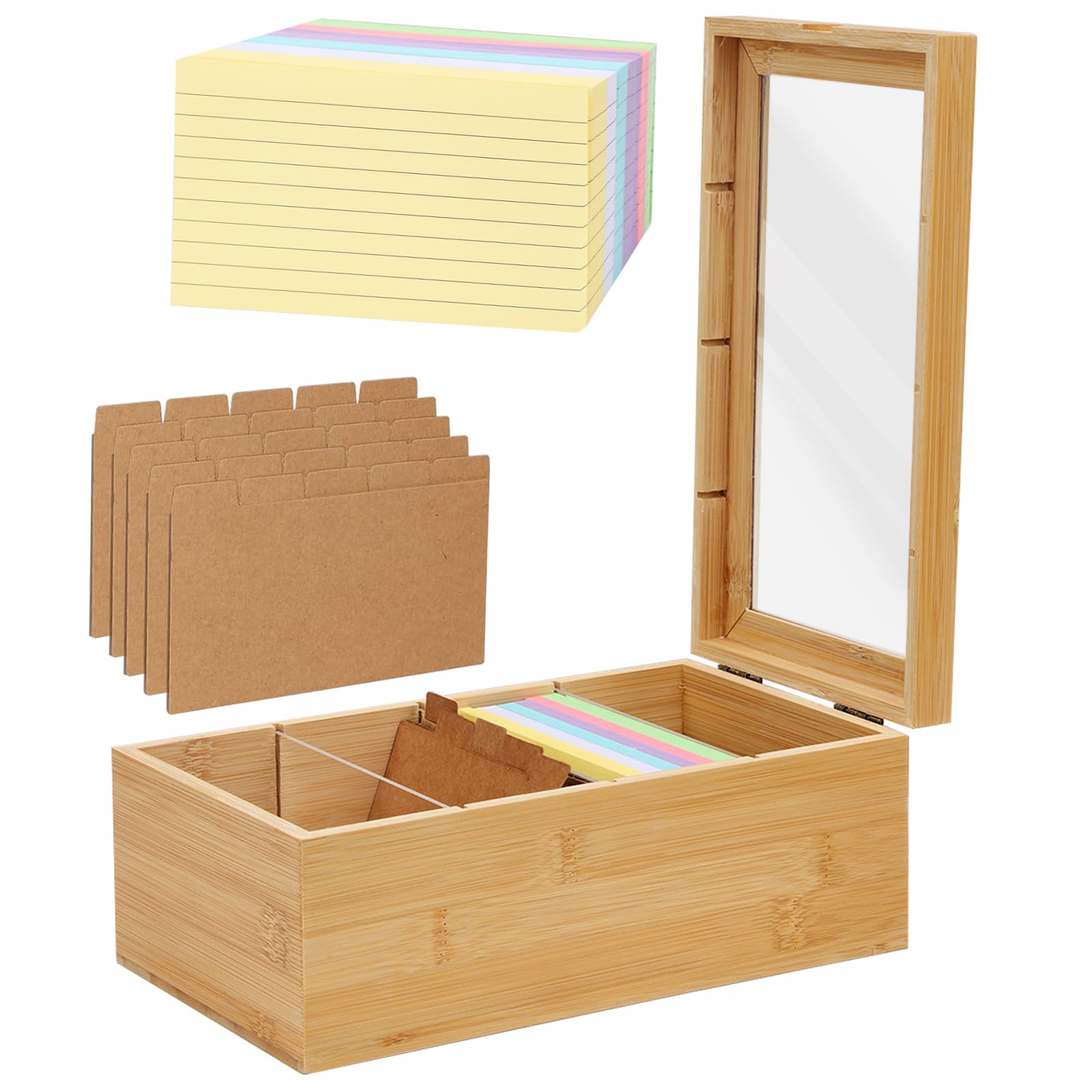 Les-Theresa Index Card Box Wooden, Index Card Holder 4X6In Flash Card Holder, Wood Recipe Box with 150-Count Note Cards Revision Flash Cards Storage Box for Home Office Business School (5.9x9.8x3.9in)