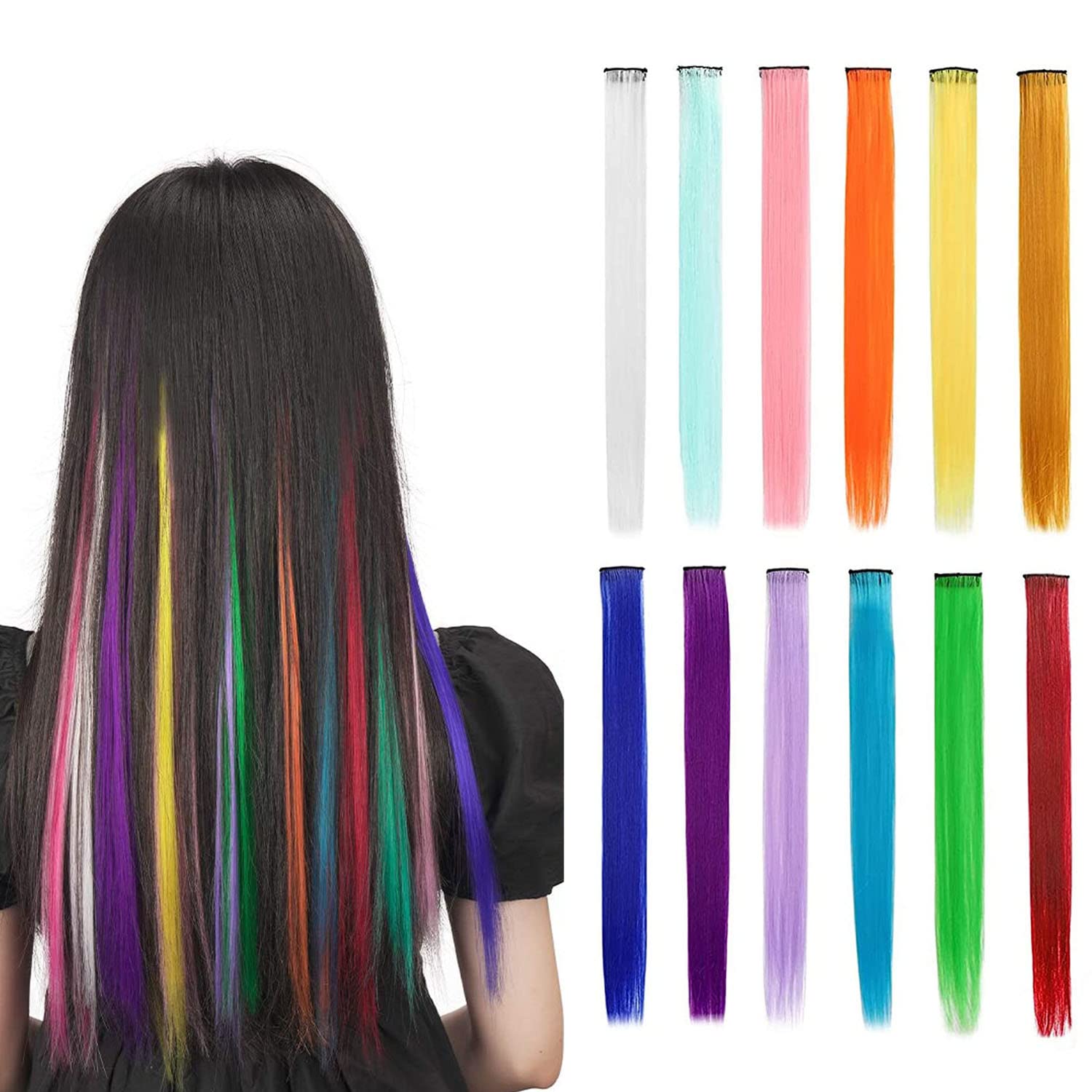 12 Packs Colored Clip in Hair Extensions ,21 inch Colorful Straight Hair Extensions Clip in for Women Party Christmas Birthday party (Rainbow)