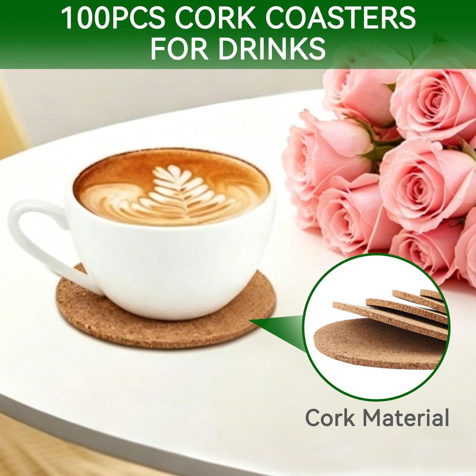 Juego de 100 Posavasos de Corcho para Bebidas. Posavasos de Madera Natural con Bordes Redondeados y Superficie Absorbente para té, café y Otras Bebidas frías o Calientes