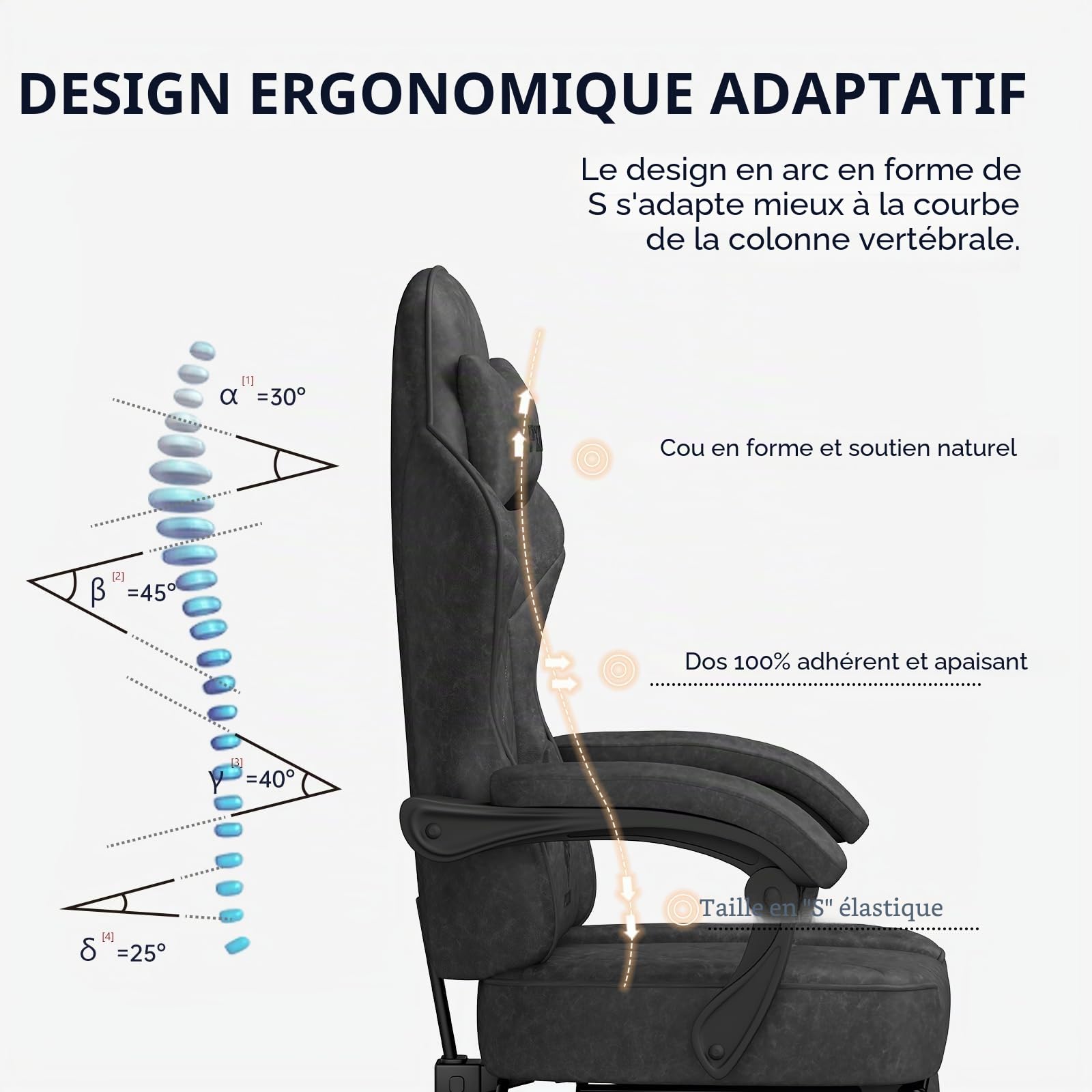 PZDO Chaise Gaming Bureau Ergonomique Chaise Gamer avec Tissu High-Tech, Siege Gaming avec Repose-Pieds, Rembourrée Gaming Chair, Fauteuil Gamer pour Adultes(Noir)
