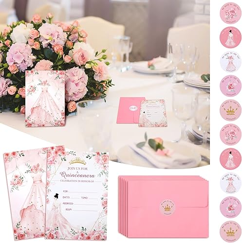 Miniatura 6 de Woanger El kit de 24 invitaciones de quinceañera incluye tarjetas de invitación con sobres y calcomanías, tarjeta de corona de princesa rosa para