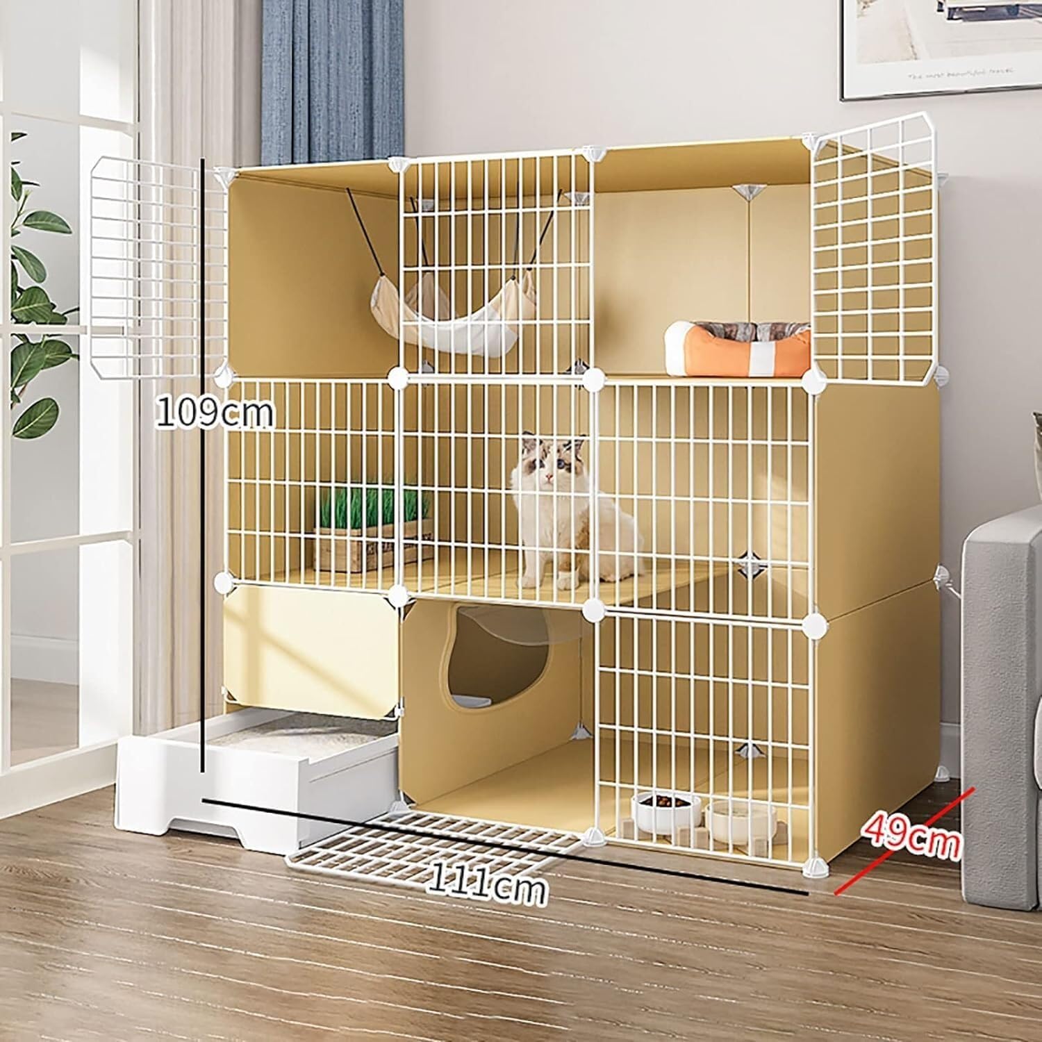 Cat House Cat Crate,Cat Cage Indoor Pet Playpen with Litter Box DIY Cat Enclosure for Small Animal Detachable for Cat and Small Animals,111x49x109cm