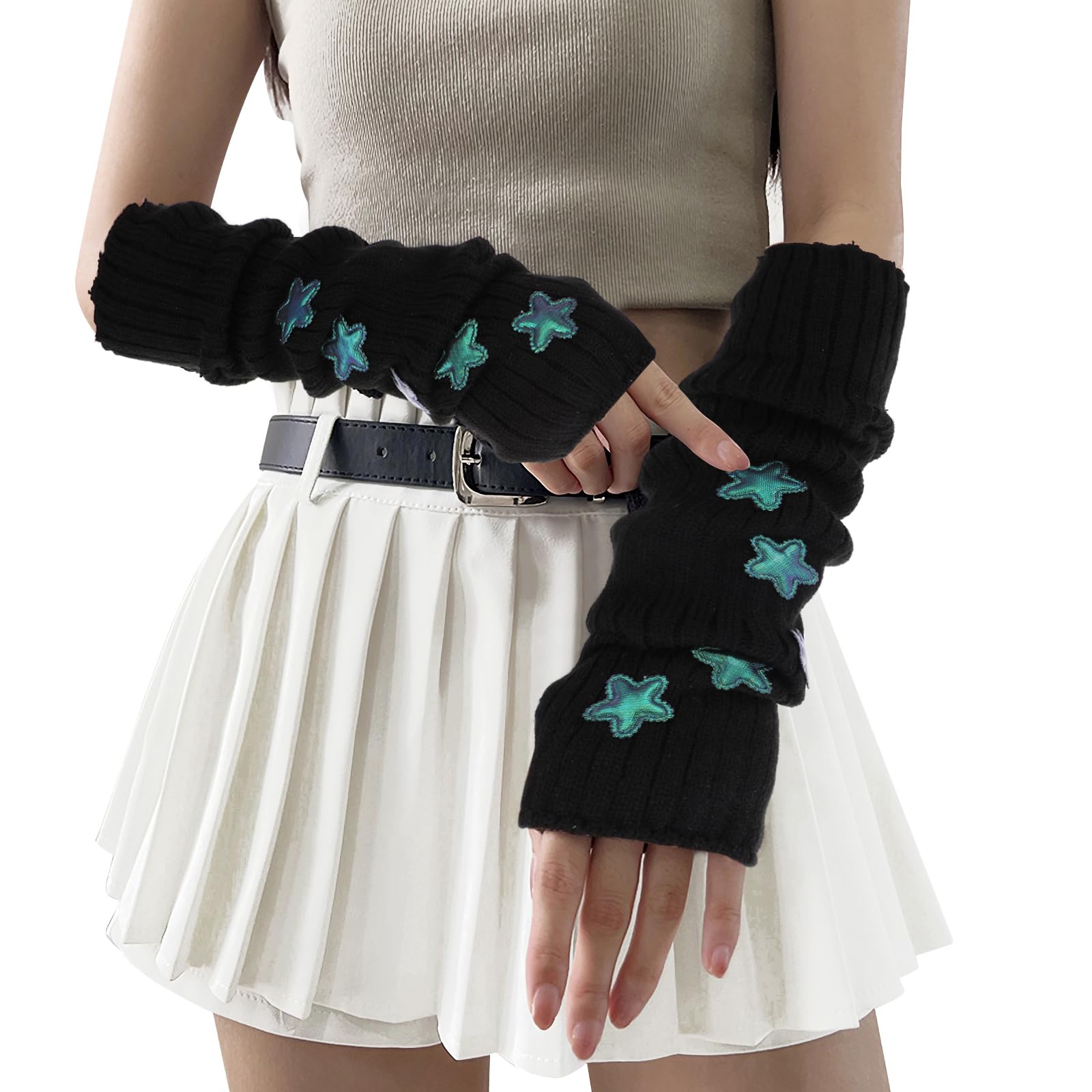 CIATBYYJArm Warmers Knit Blend Y2k Harajuku Japanese Style Long Fingerless Gloves for Women Girls, Cute Cold Weather Fsahion Arm Sleeve Thumb Hole Gloves (15.7Inch)
