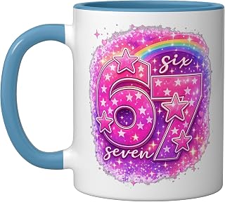Trending 67 Meme Girl | Six Seven Gen Slang Cute Pink Ceramic Mug, Blue/White