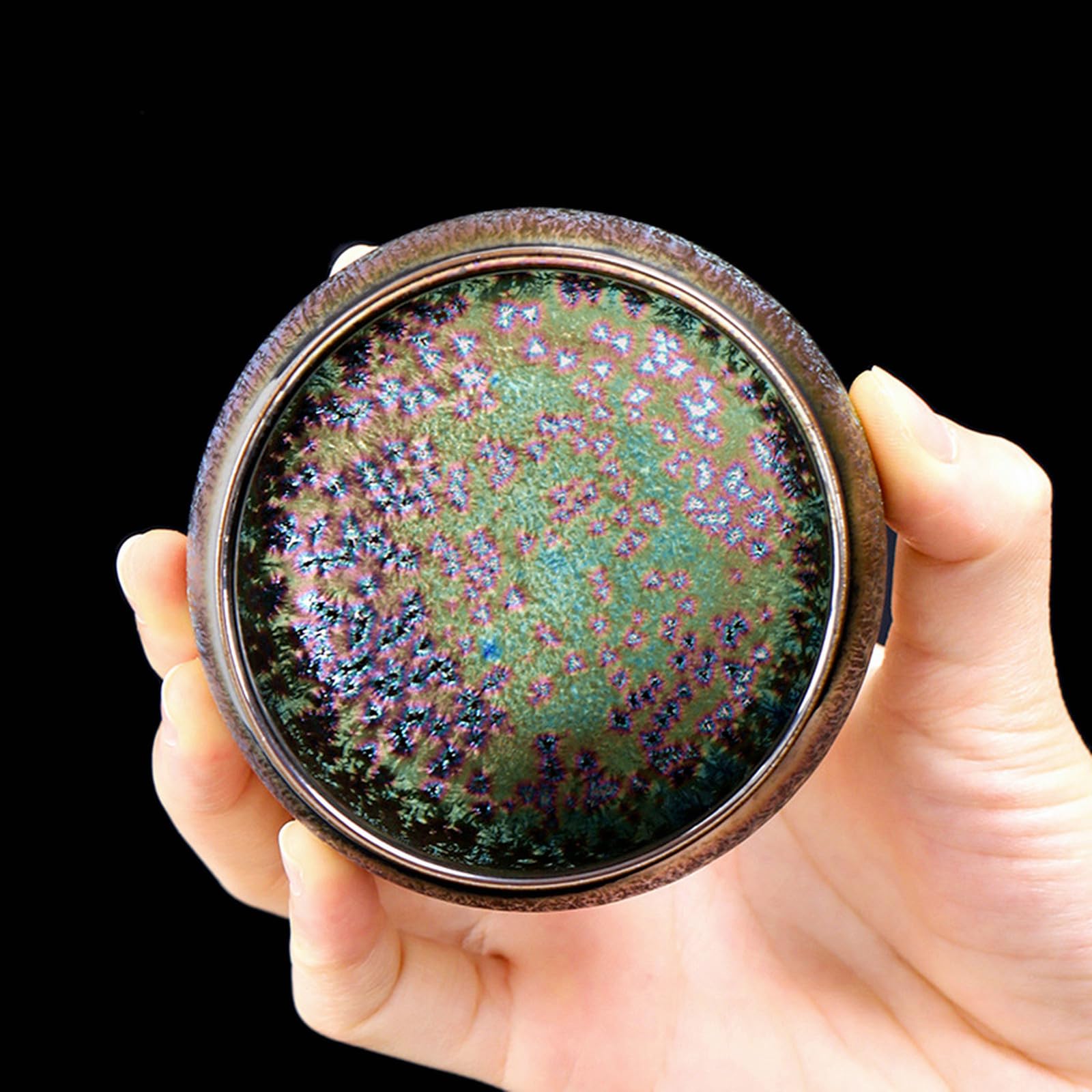CmengAo Chinese Jianzhan Tea Cup, Colorful Ceramic Glaze Tenmoku Tea Cup, Kungfu Tea Bowl for Tea Matcha Coffee, Handcrafts Art Porcelain Teacup (Peacock)