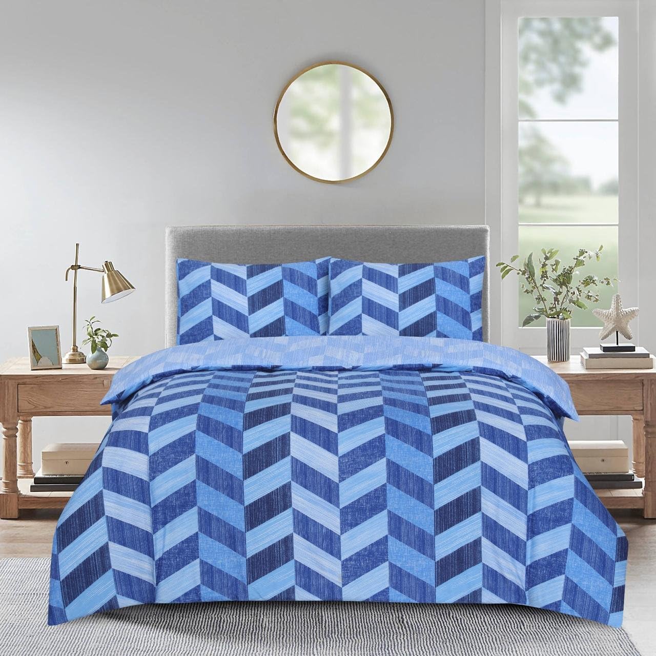 renoazul Microfiber Duvet Cover Sets Single - Single Bed Duvet Cover Set with Pillow Case & Fitted Sheet, Bedding Set Single, Soft & Easy Care - Single 3 Piece, Zigzag Blue