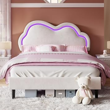 Jocisl Bed Frame for Girls with Adjustable Cloud Headboard, Velvet Upholstered & RGB Lights, 7.1" Underbed Storage, No Box Spring Needed, Cream