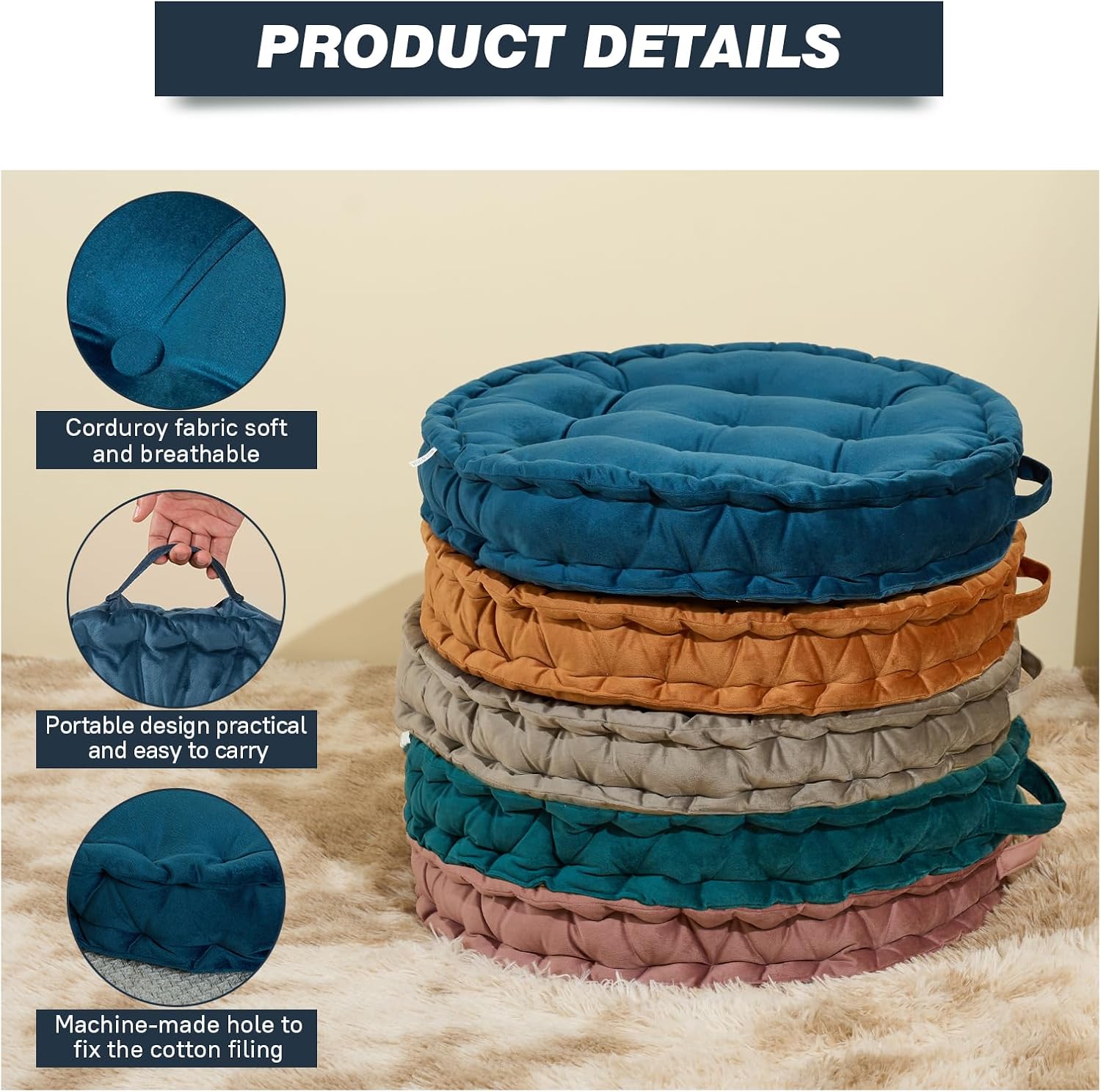 Meditation Floor Pillow, Large Floor Seat Cushion,23.6inch Round Floor Pillows Seating for Adults,Solid Thick Meditation Cushion with Handle for Yoga Balcony Living Room Tatami Outdoor