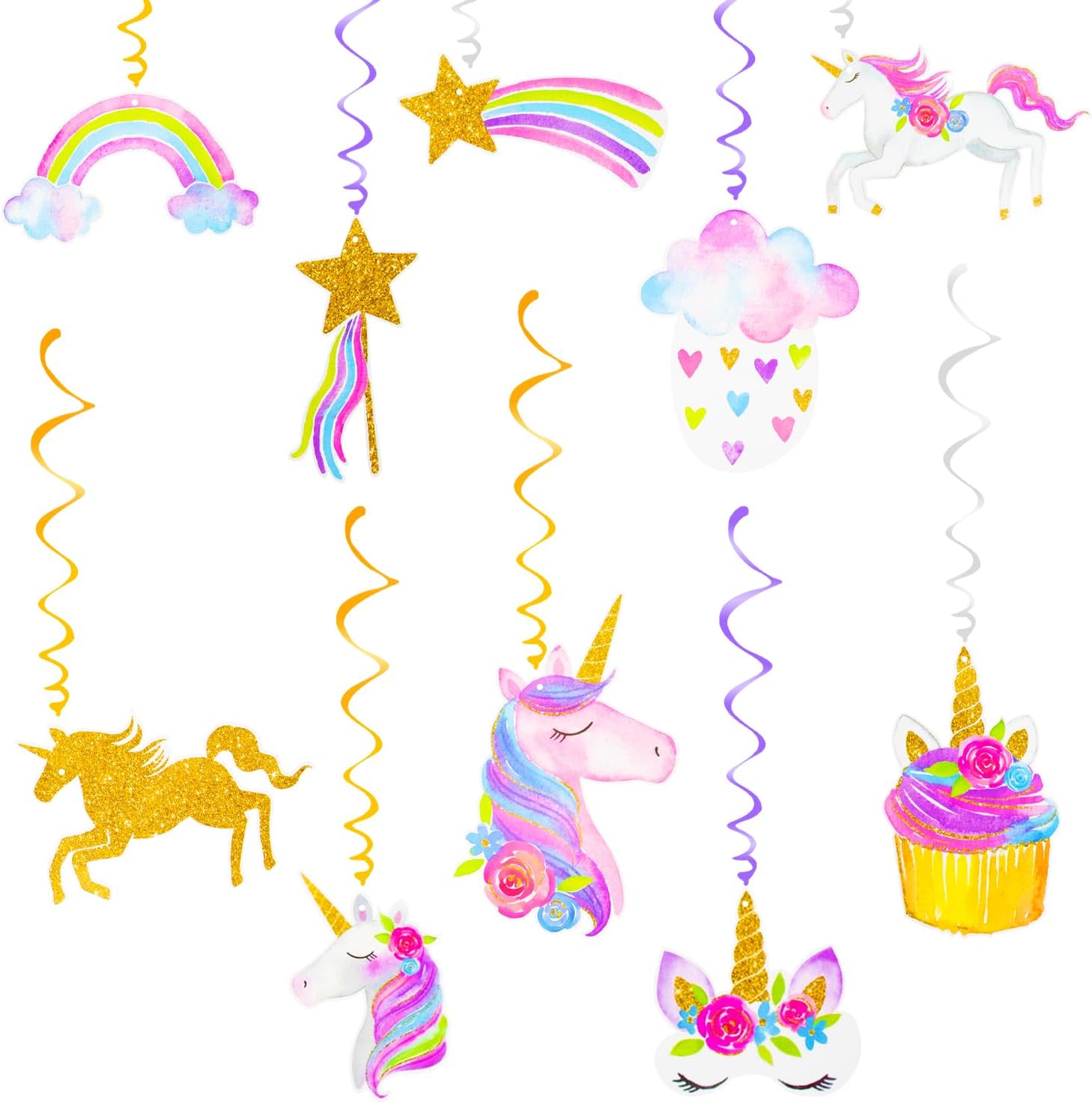 CHEERYMAGIC 10pcs Unicorn Hanging Swirls, Rainbow Unicorn Party Decorations, Ceiling Streamers for Girls Birthday Party Supplies
