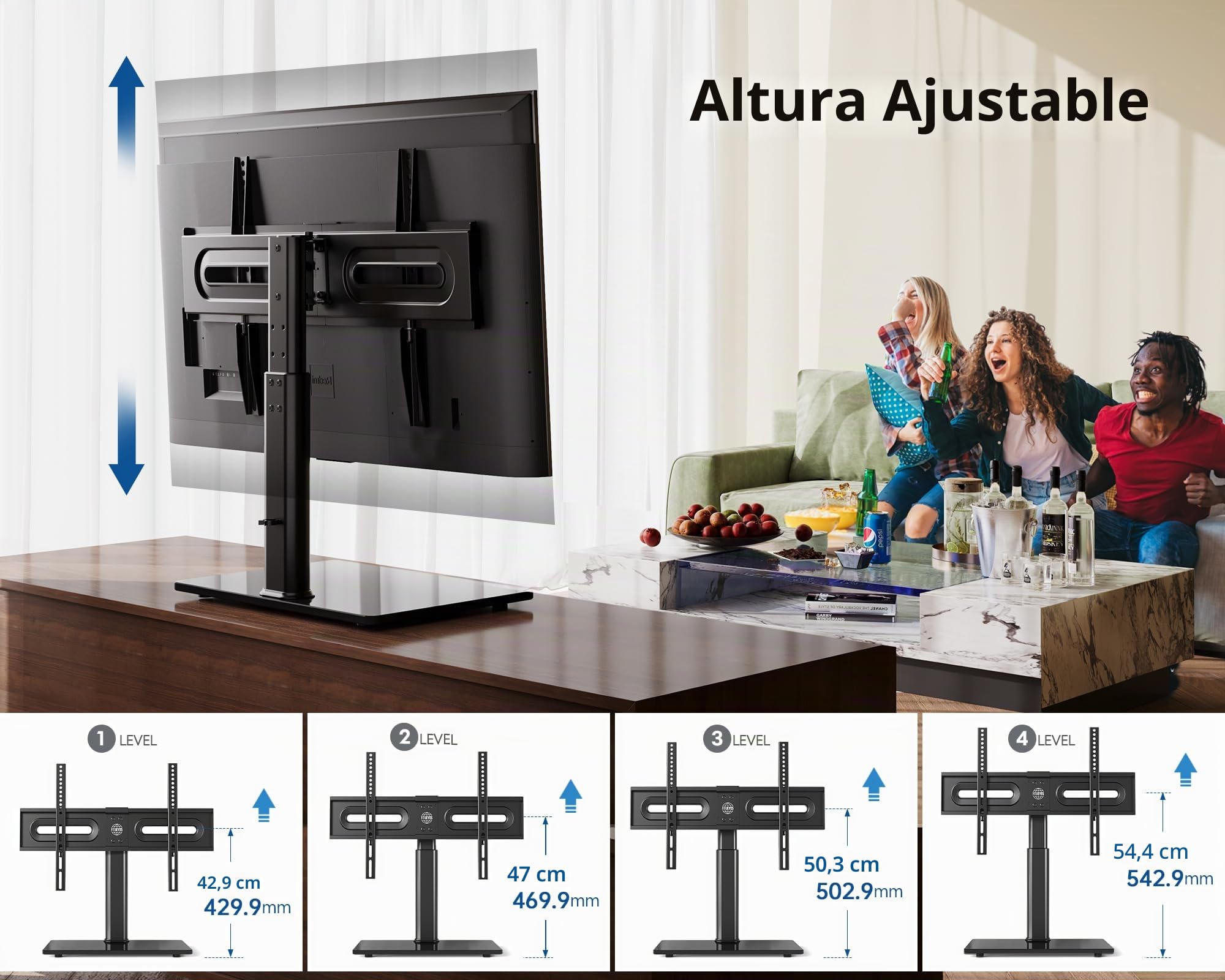 FITUEYES Soporte TV Pie 32-65 Pulgadas Altura Ajustable Giro ±40° | Soporte TV Suelo, Carga 40kg, MAX VESA 600×400mm, Diseño Flexible para Salón y Dormitorio