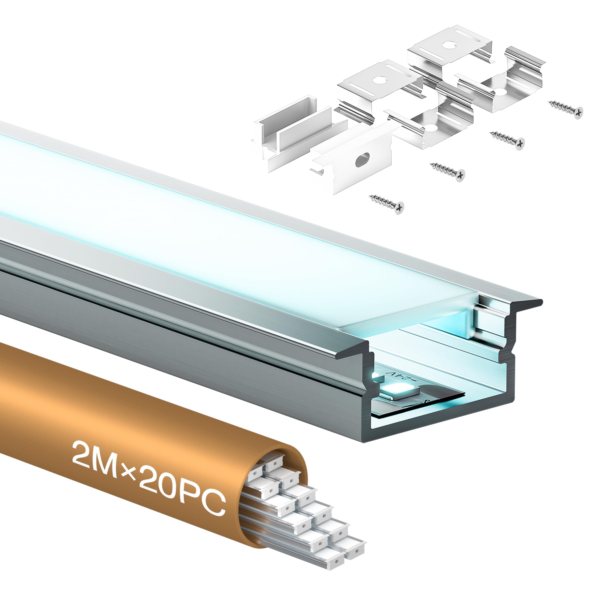 Shine Plus Profilé alu pour ruban LED 2 m x 20 pièces, rail Profilé U-forme taille 26,7mm x 10 mm, profilé encastrable diffuseur baguette profile, Largeur Maximale 16mm (20 × 2 Meter)