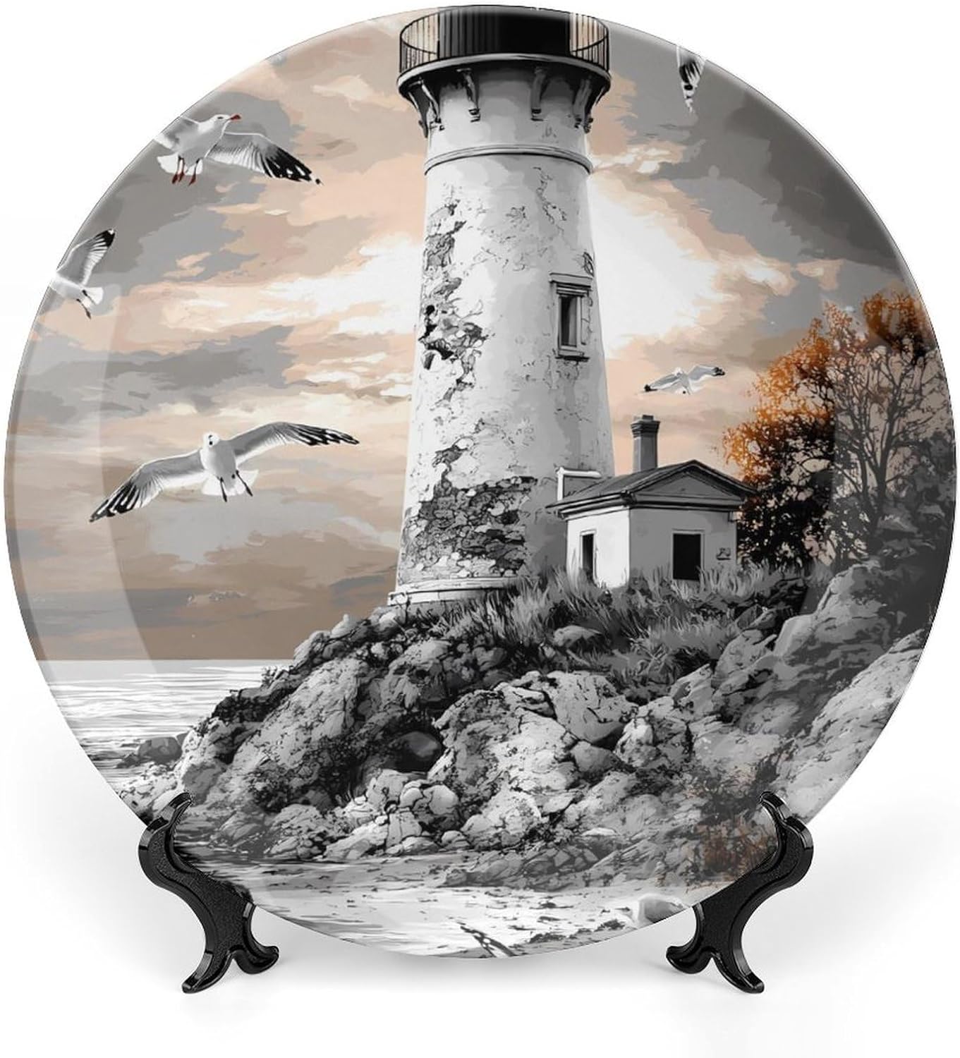 Black And White Lighthouse Personalized Bone China Plate Ceramic Decorative Dinner Plates Wall Decor with Display Stand 8inch
