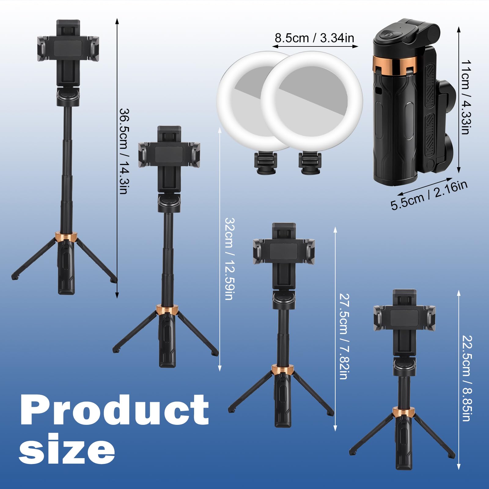 Mini Bastone Selfie Stick, Bluetooth treppiede per smartphone con telecomando staccabile, Ruotabile a 360° Treppiede Estensibile Con 2 luci di riempimento per iPhone Samsung e Android smartphone