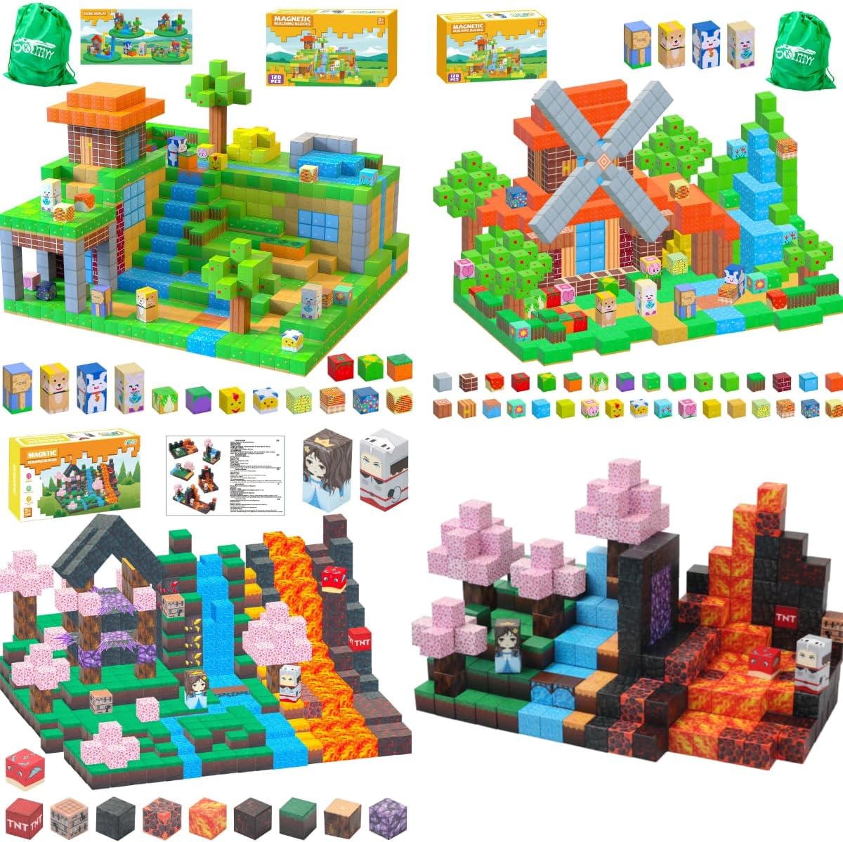 2Packs Magnetic Blocks-120PCS Farm Magnetic Building Blocks + 100PCS Magic Forest Magnetic Building Blocks Set,STEM Montessori Sensory Toys for Toddlers