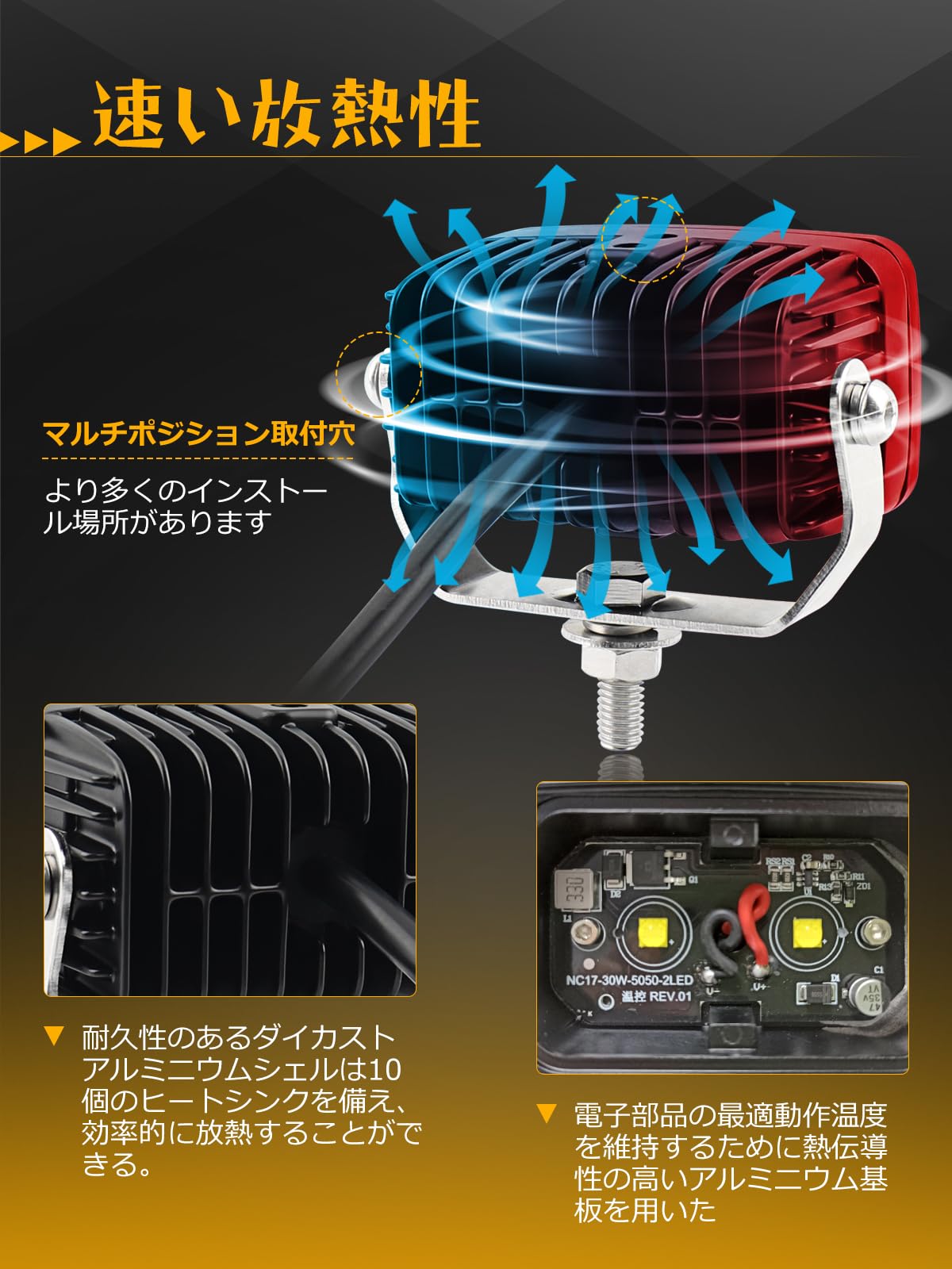 Amazon | CHELHEAD 3インチLED作業灯 イエロー 50w バイク LED