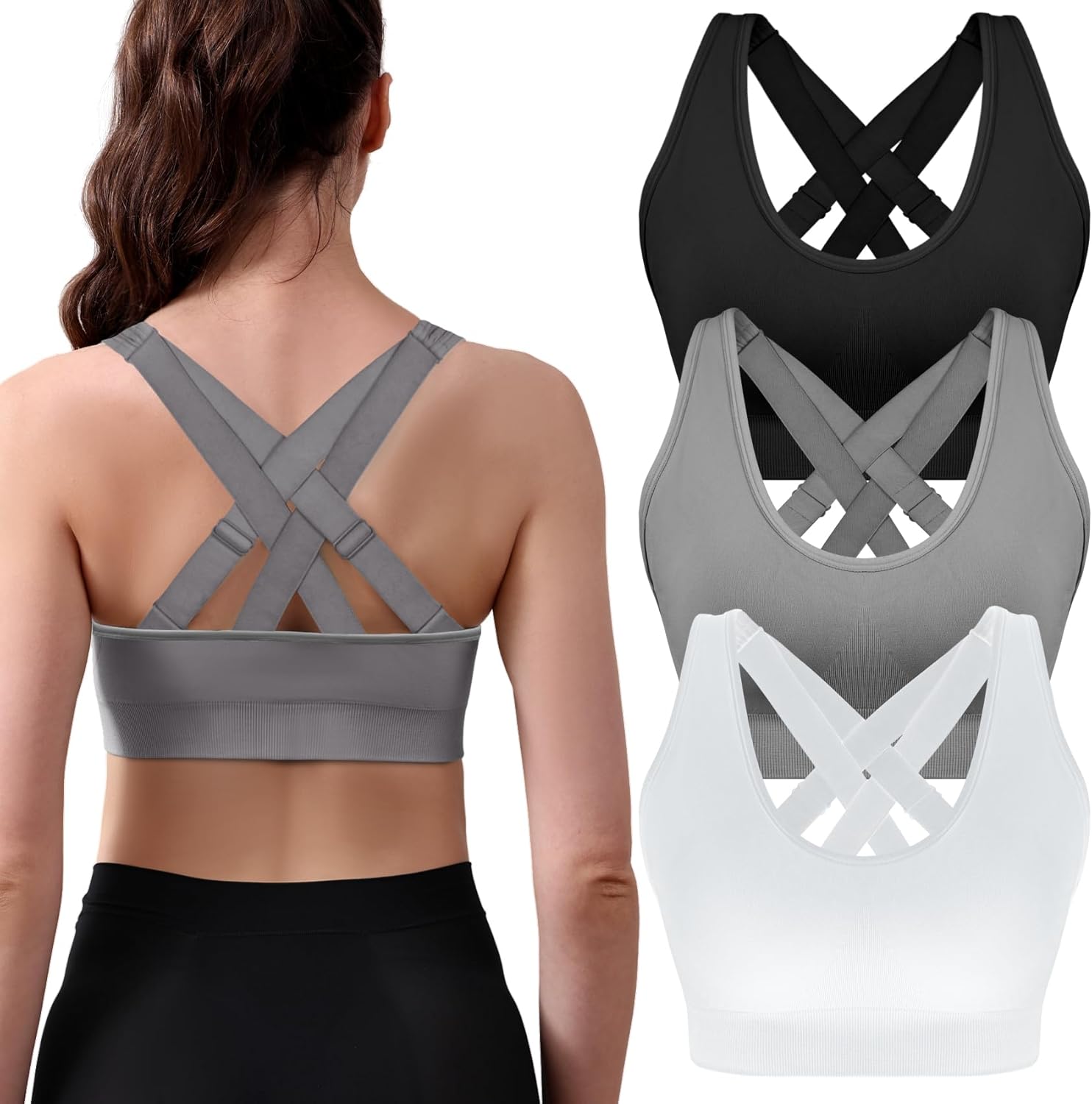 Double Couple Sports Bras for Women Padded High Support Adjustable Crossback Bra Seamless High Impact Yoga Gym Workout Bras