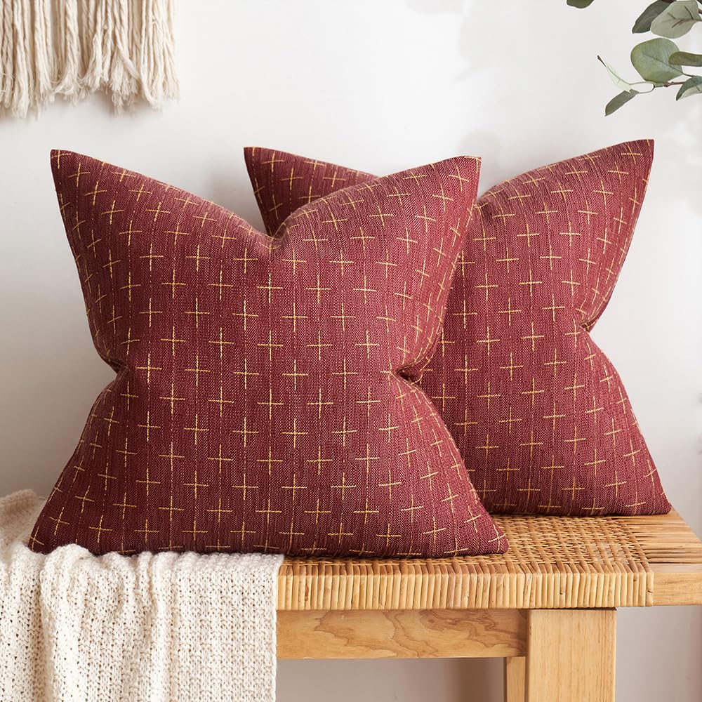 MIULEE Pack of 2 Decorative Burlap Linen Throw Pillow Covers Modern Farmhouse Pillowcase Rustic Woven Textured Cushion Cover for Sofa Couch Bed 24x24 Inch Wine Red