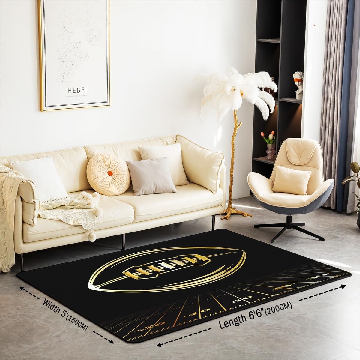 jejeloiu Football Area Rug 3'x5'Black Gold Rugby Ball Game Rug for Living Room Bedroom FootbalLover Room DecorSoft Sports Theme Carpet lndoor Floor Mat for Kitchen Home