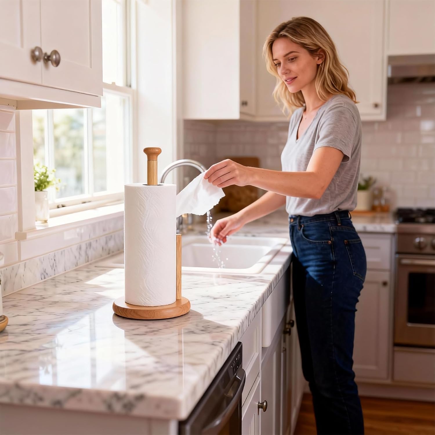Wooden Paper Towel Holder Countertop, Paper Towel Holder Stand Natural Wood Dia 7" Large Round Base Roll Organizer for Kitchen Bathroom Dining Table Home (ZJ281Y)