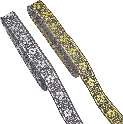 SUPERFINDINGS 2 rollos de 2 colores vintage bordado jacquard cinta 7.66 yardas negro dorado bordado poliéster cintas flor cinta tirolesa ribete de