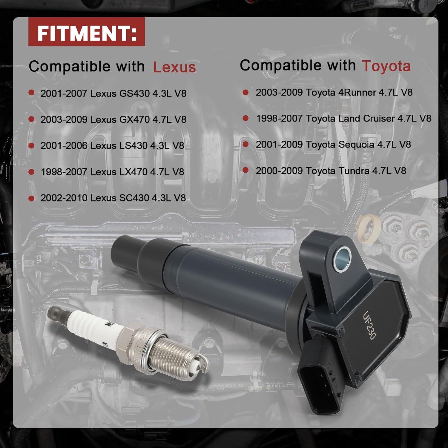 UF230 Ignition Coil Pack and Iridium Spark Plugs Set of 8 Compatible with 2000 2001 2002 2003 2004 2005 2006 2007 2008 2009 Tundra Sequoia Land Cruiser 4Runner, Lexus SC430 4.3 4.7 V8