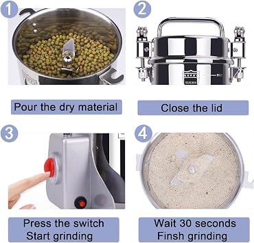 High-speed Electric Grain Mill Grinder, 2000g Stainless Steel Dry Spice Grinder, Commercial Pulverizer for Wheat Corn Rice Pepper Herbs Coffee Beans Dried Mushrooms, 220V