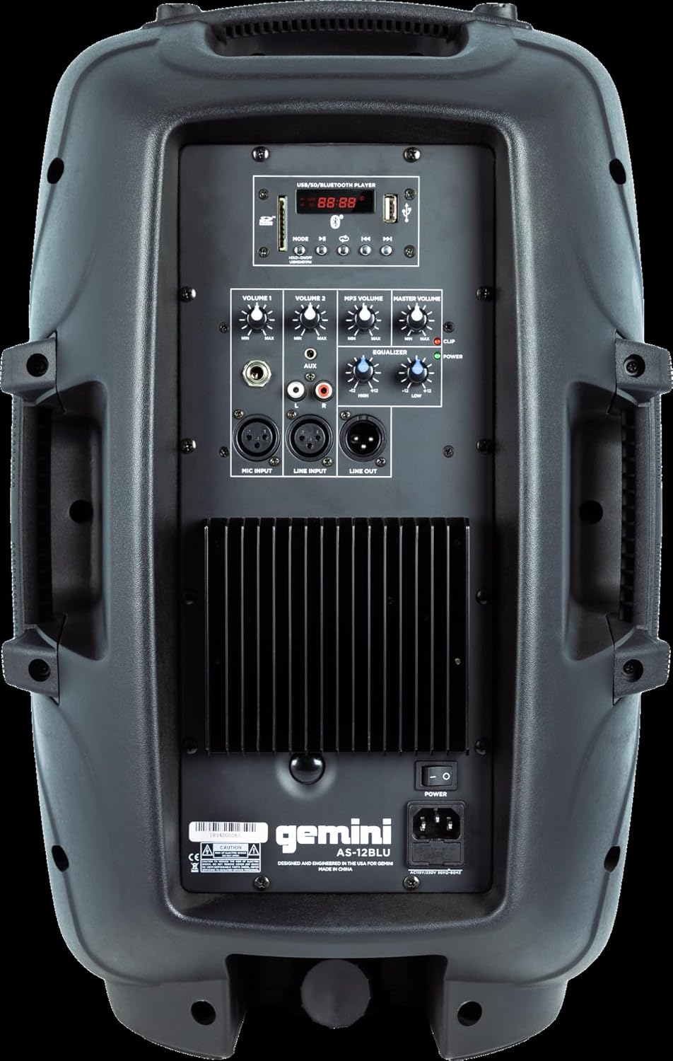 Rear panel of the Gemini AS-12BLU PA Loudspeaker showing all controls and input/output ports.