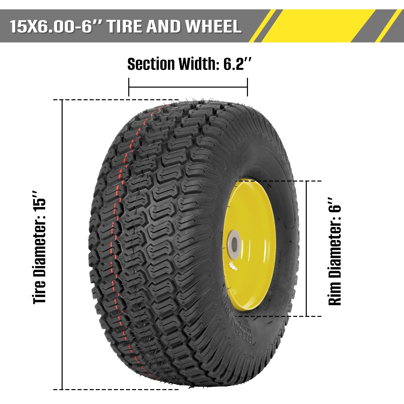 Conjunto de neumáticos y ruedas sin cámara de 15 x 6.00-6, neumáticos delanteros de repuesto para cortacésped, compatible con cortacéspedes John Deere serie 100 y 300, buje de desplazamiento de 3